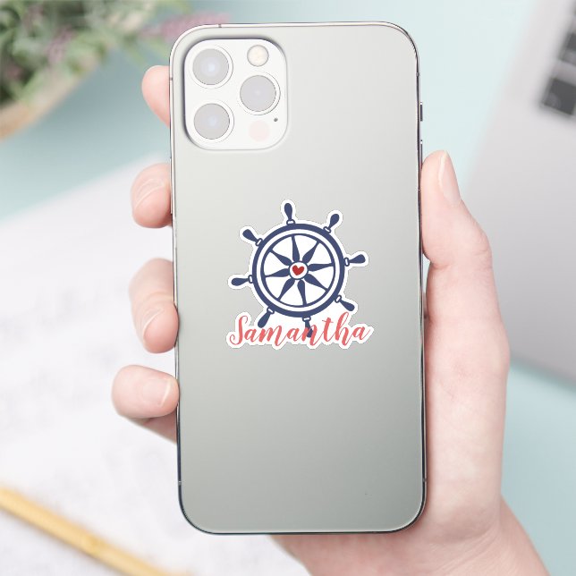 Sea Life Boat Wheel Navy Blue Red Name Sticker (Phone)