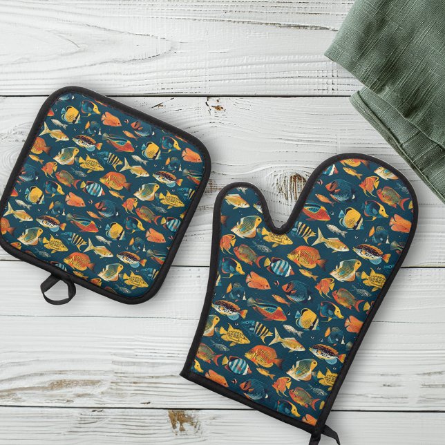 Sea Life Fish Ocean Beach house Oven Mitt & Pot Holder Set (Creator Uploaded)