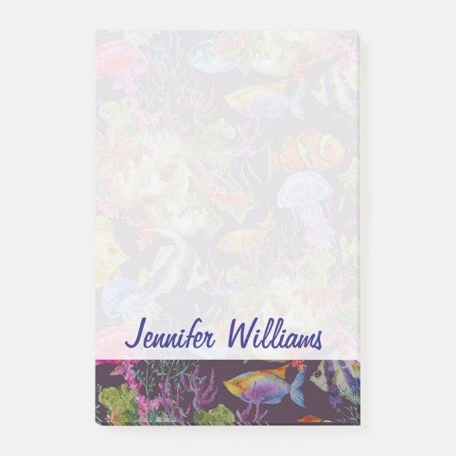 Sea Life Grunge Pattern | Add Your Name Post-it Notes (Front)