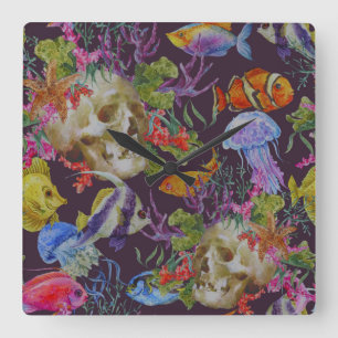 Sea Life Grunge Pattern Square Wall Clock