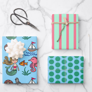 Sea Life Mermaid Seahorse Wrapping Paper Set