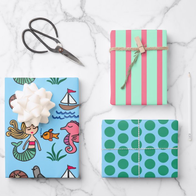 Sea Life Mermaid Seahorse Wrapping Paper Set (Front)