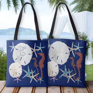 Sea Life Monogrammed Navy Blue Tote Bag
