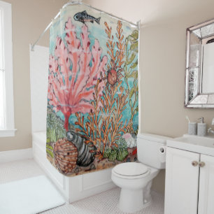 Sea Life Ocean Pink Coral Fish Crab Shells Vintage Shower Curtain