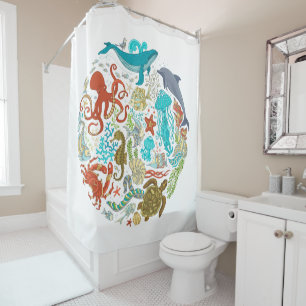 Sea Life Ocean Whale Octopus Turtle Art Shower Curtain