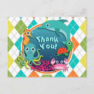 Sea Life on Colourful Argyle; Baby Shower Postcard