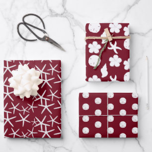 Sea Life Sand Dollars Starfish Seashells Maroon Wrapping Paper Sheet
