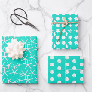 Sea Life Sand Dollars Starfish Seashells Turquoise Wrapping Paper Sheet