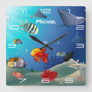 Sea Life Scene Square Wall Clock
