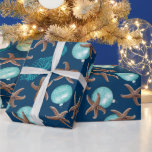 Sea Life Tropical Pattern Navy Blue Christmas Wrapping Paper<br><div class="desc">Tropical Christmas gift wrapping paper with starfish,  sea horses and aqua blue ball ornaments design printed over dark navy blue colour.</div>