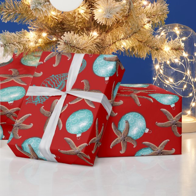 Sea Life Tropical Pattern Red Christmas Wrapping Paper (Holidays)