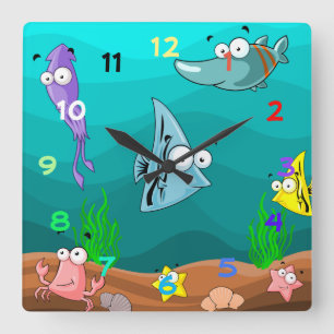 Sea Life Under the Sea with Numbers Square Wall Clock