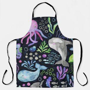Sea life watercolor, dark background. apron