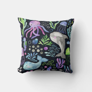 Sea life watercolor, dark background. cushion
