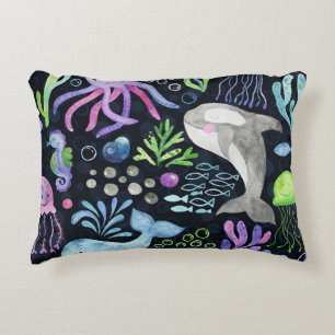 Sea life watercolor, dark background. decorative cushion