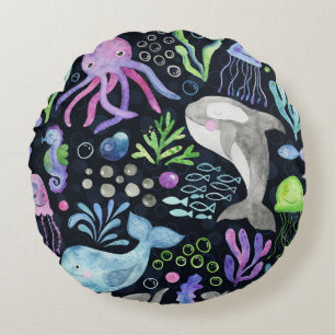 Sea life watercolor, dark background. round cushion