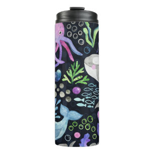 Sea life watercolor, dark background. thermal tumbler