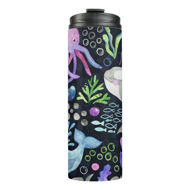 Sea life watercolor, dark background. thermal tumbler (Front)