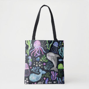Sea life watercolor, dark background. tote bag