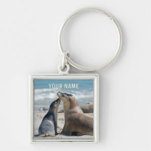 Sea Lion & Baby Pup Beach Close Up Portrait Key Ring