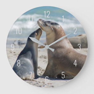 Sea Lion & Baby Pup Beach Close Up Portrait Large Clock