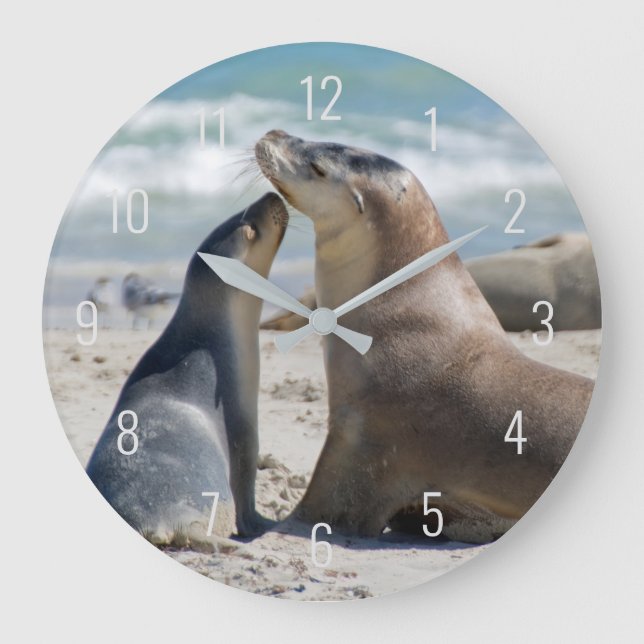 Sea Lion & Baby Pup Beach Close Up Portrait Large Clock (Front)