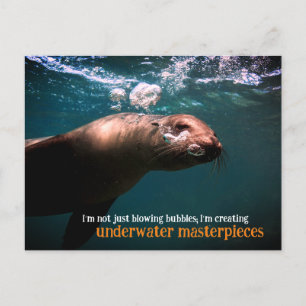 Sea lion blowing bubbles underwater holiday postcard