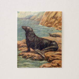 Sea Lion by the Seashore, Vintage Marine Mammals Jigsaw Puzzle
