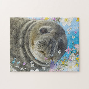 Sea Lion Swimming in Flowers Patch Jigsaw Puzzle