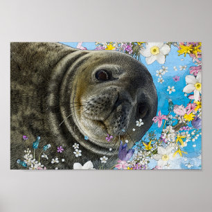 Sea Lion Swimming in Flowers Poster
