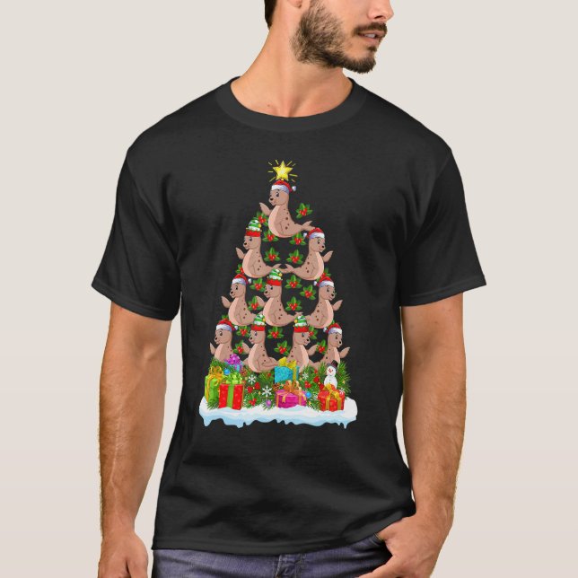 Sea Lion Xmas Tree Lighting Santa Sea Lion Christm T-Shirt (Front)