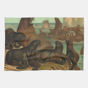 Sea Lions on the Beach, Vintage Marine Life Animal Tea Towel