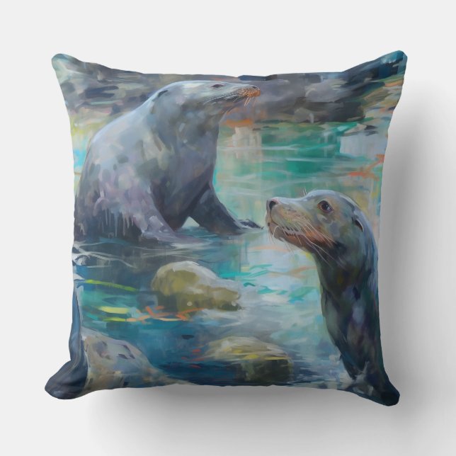 Sea Lions Sit on Rocks in Teal Water Cushion (Front)