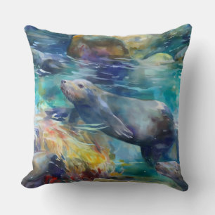 Sea Lions Swim in Teal Water Cushion
