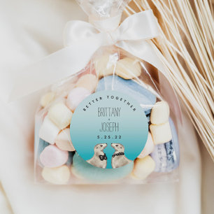 Sea Lions Teal Blue Wedding Classic Round Sticker