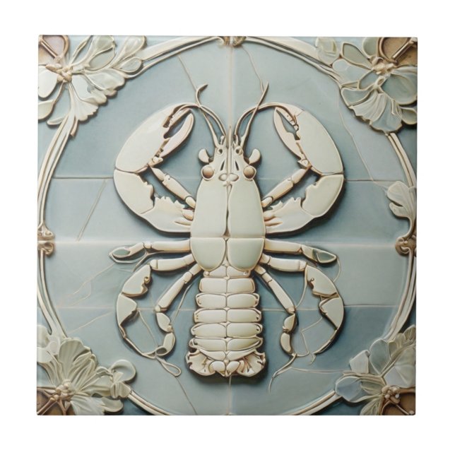 Sea Lobster Art Nouveau Faux Relief Mint Ocean Ceramic Tile (Front)