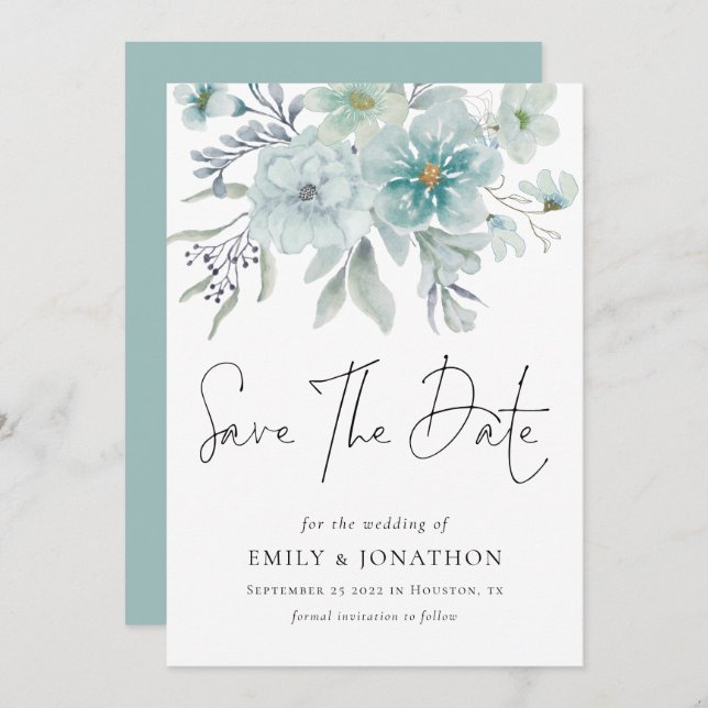 Sea Mist Teal Florals QR Code Wedding Save The Date (Front/Back)