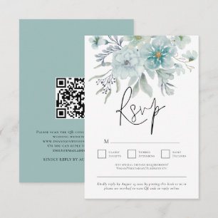 Sea Mist Teal White Florals QR Code Wedding RSVP Card