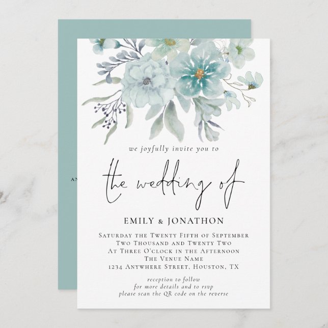 Sea Mist Watercolor Florals QR Code Wedding Invitation (Front/Back)