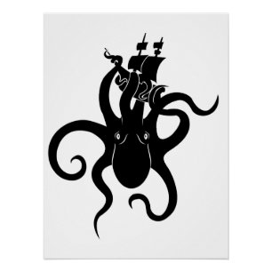 Sea Monster Black and White Kraken with Ship Poster
