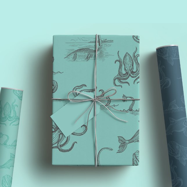 Sea Monster Line Art Navy & Haint Blue Wrapping Paper Sheet (Creator Uploaded)