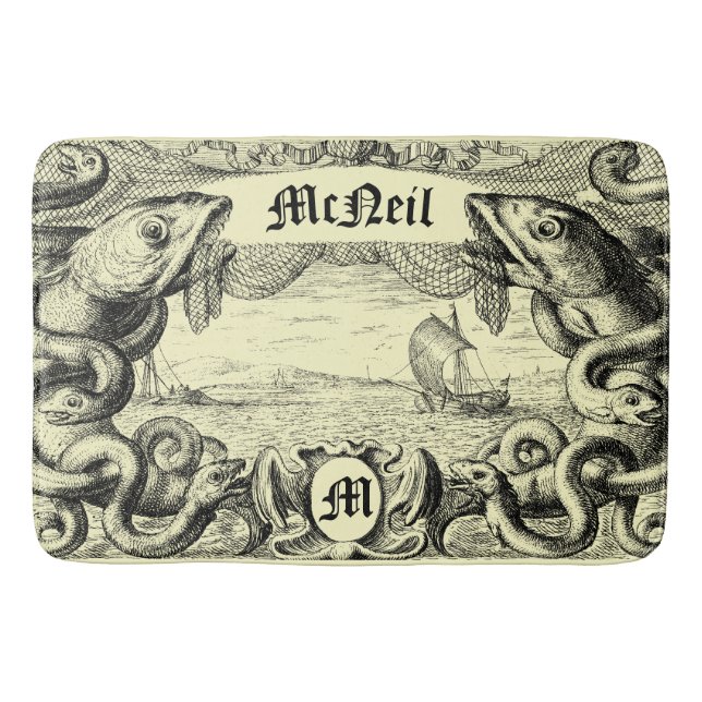 Sea Monster Nautical Steampunk Cartouche Bath Mat (Front)