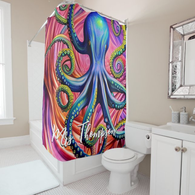 Sea Octopus with Personalised Name Shower Curtain (In Situ)