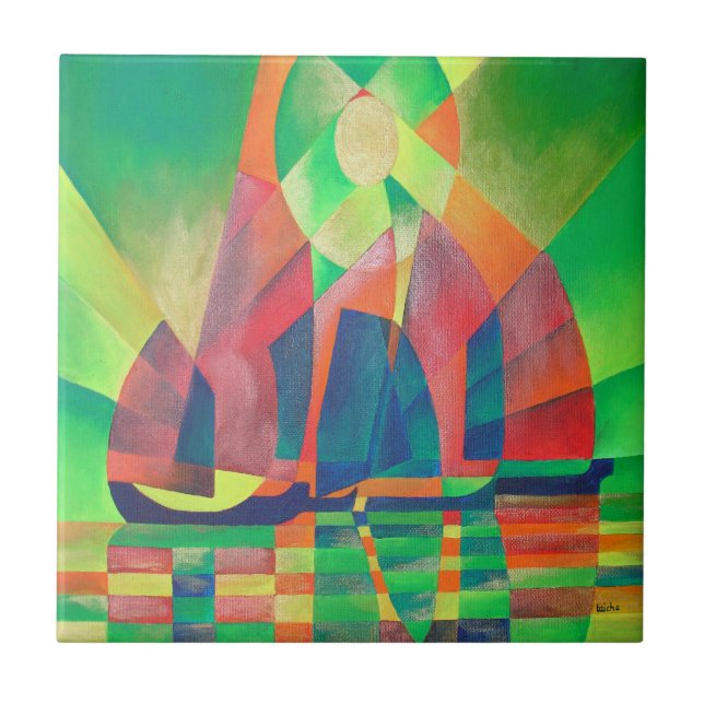 Sea of Green With Cubist Abstract Junks Tile (Front)