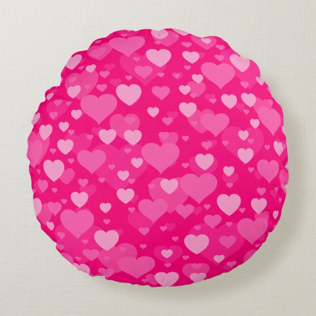 Sea of Hearts on Girly Pink Fuchsia Round Cushion (Front)