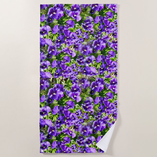 Sea of Serenity: The Beautiful Purple Pansy Field Beach Towel (Front)