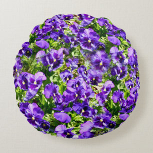 Sea of Serenity: The Beautiful Purple Pansy Field Round Cushion