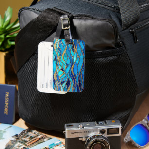 Sea of Waves Blue and Gold Mosaic Art Luggage Tag
