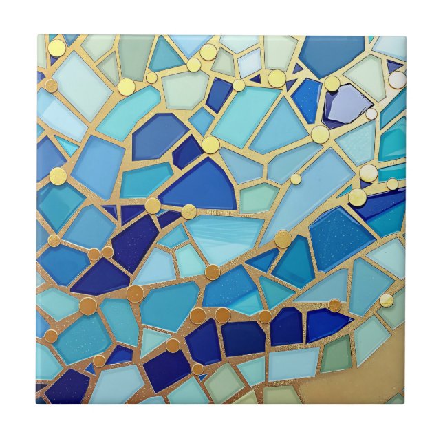 Sea of Waves Blue and Gold Mosaic Fine Art Ceramic Tile (Front)