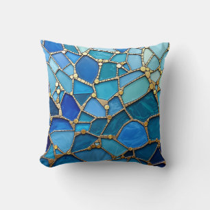 Sea of Waves Blue and Gold Mosaic Fine Art Cushion